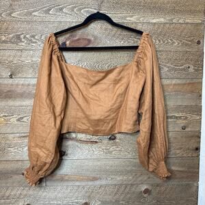 Mondo Bellissimo Blouse Chesnut Cropped Square Neck Puff Sleeve Linen top Large